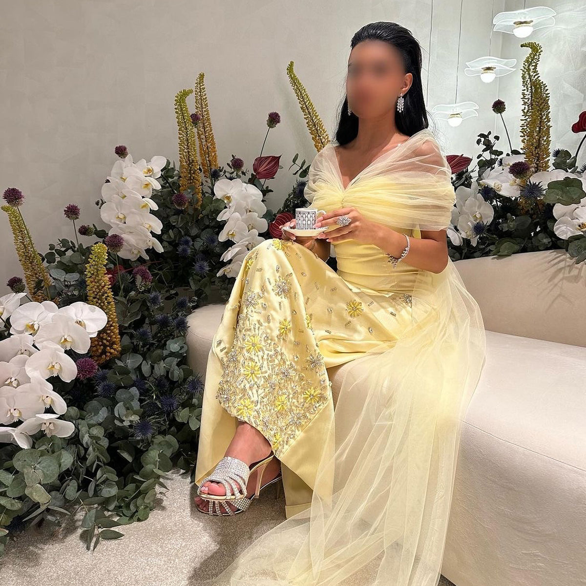 Luxury Yellow Beaded Crystal Evening Dress with Sheer Shawl XD018