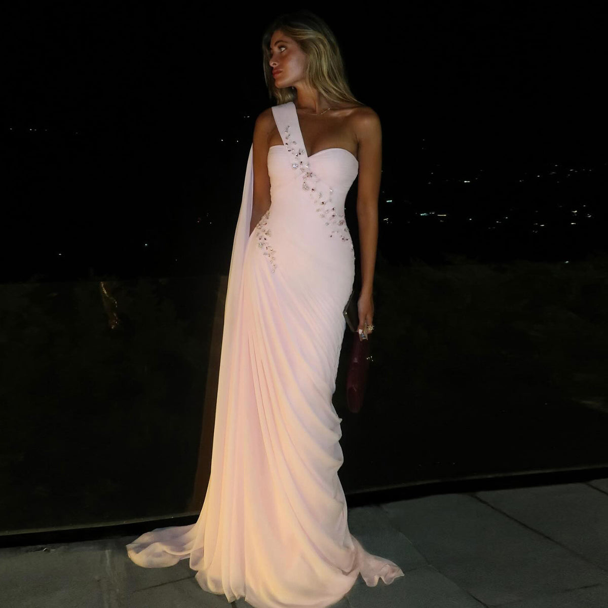 Elegant Light Pink Draped One Shoulder Evening Dress with Cap SF249