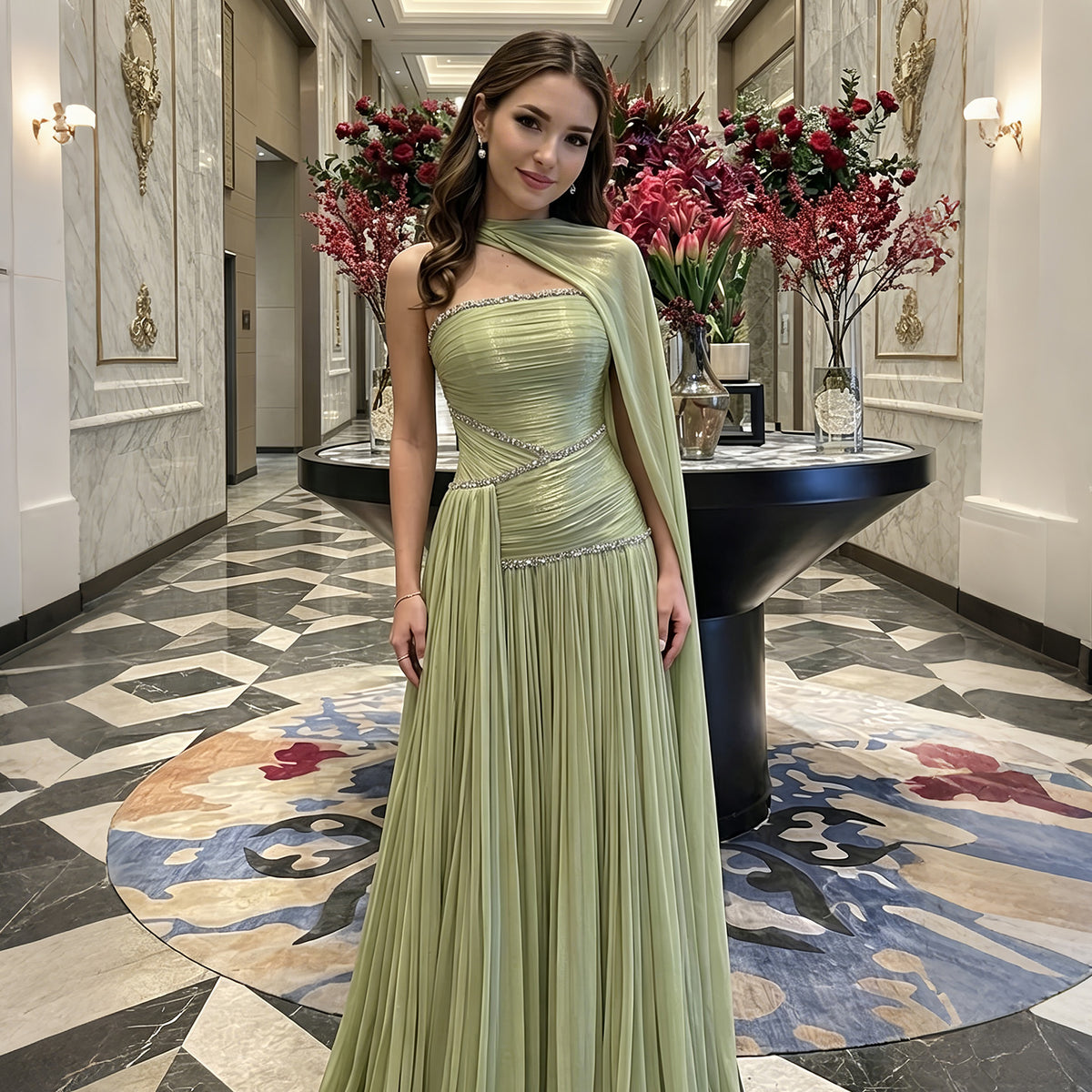 Elegant Green Pleated Chiffon Beaded Evening Dress with Cape SF189
