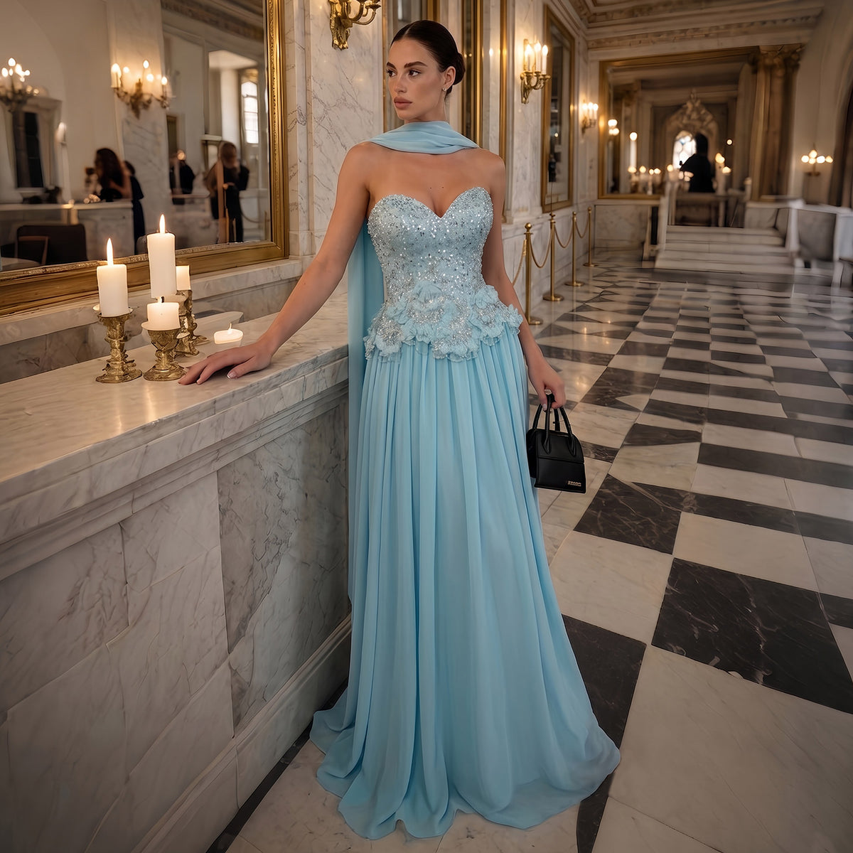 Glamorous Aqua Chiffon Evening Dress with Sparkling Bodice SS274