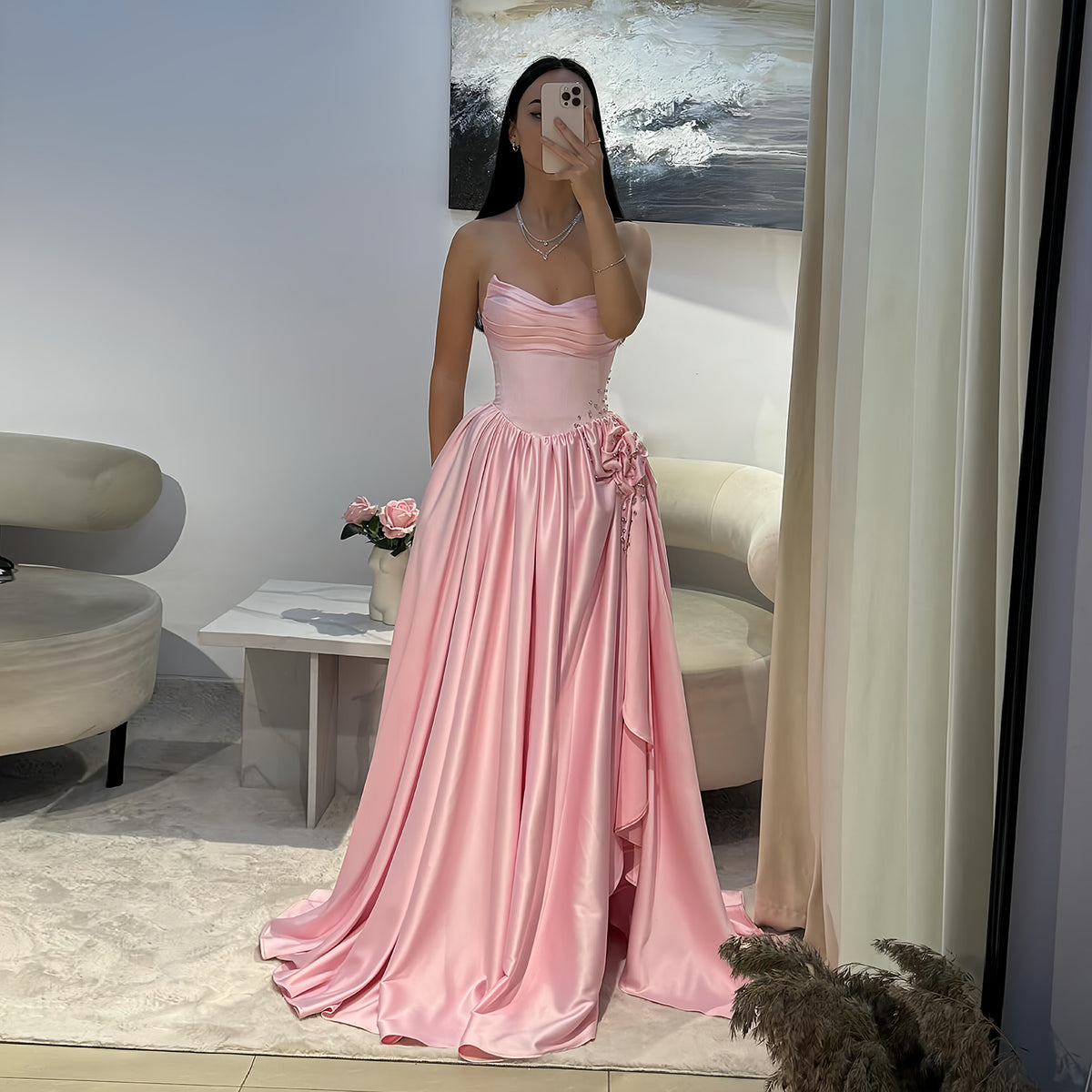 Glamorous Pink Sweetheart Satin Evening Dress with Bow SF522