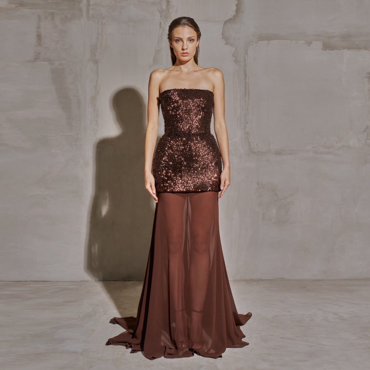 Luxury Brown Sequin Strapless Sheer Panel Evening Dress SF442