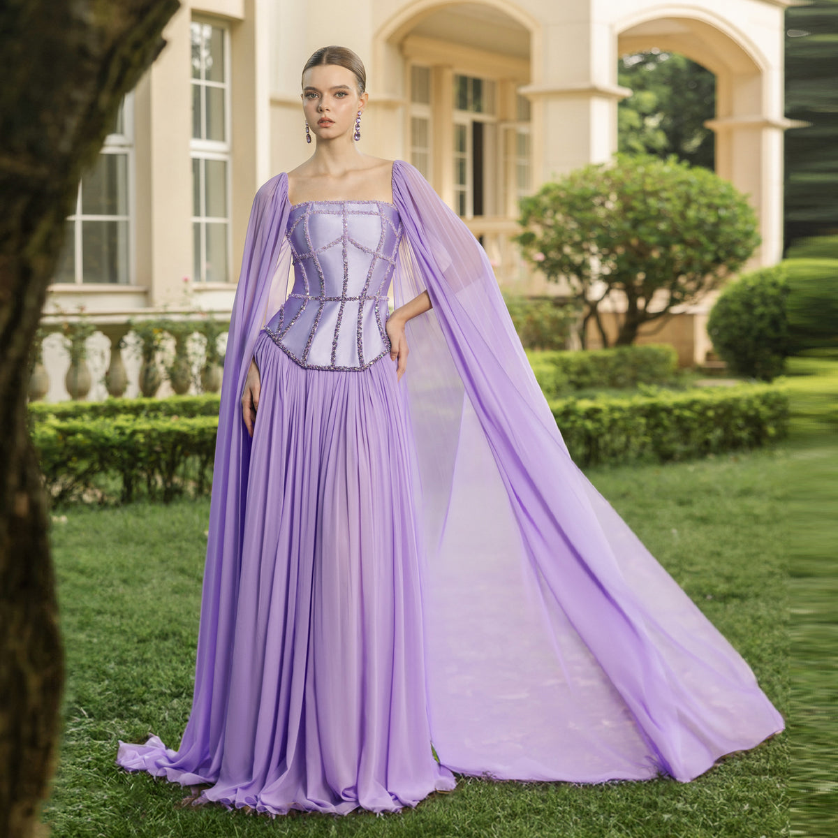 Elegant Lilac Square Neck Beaded Corset Cape Sleeve Chiffon Evening Dress SF413