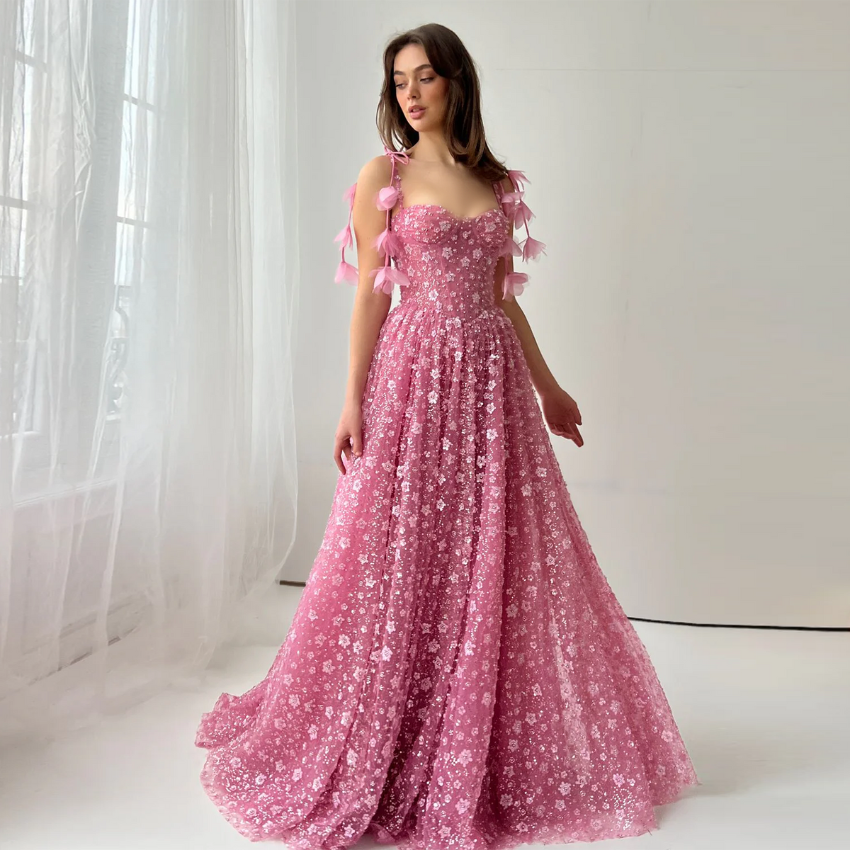 Elegant Pink 3D Floral Spaghetti Strap Evening Dress SS701