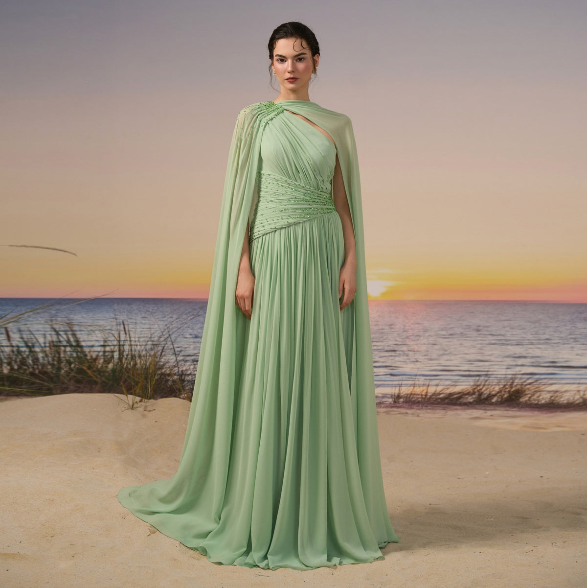 Sophisticated Mint Green Crystal Cape Sleeve Chiffon Evening Dress SF119