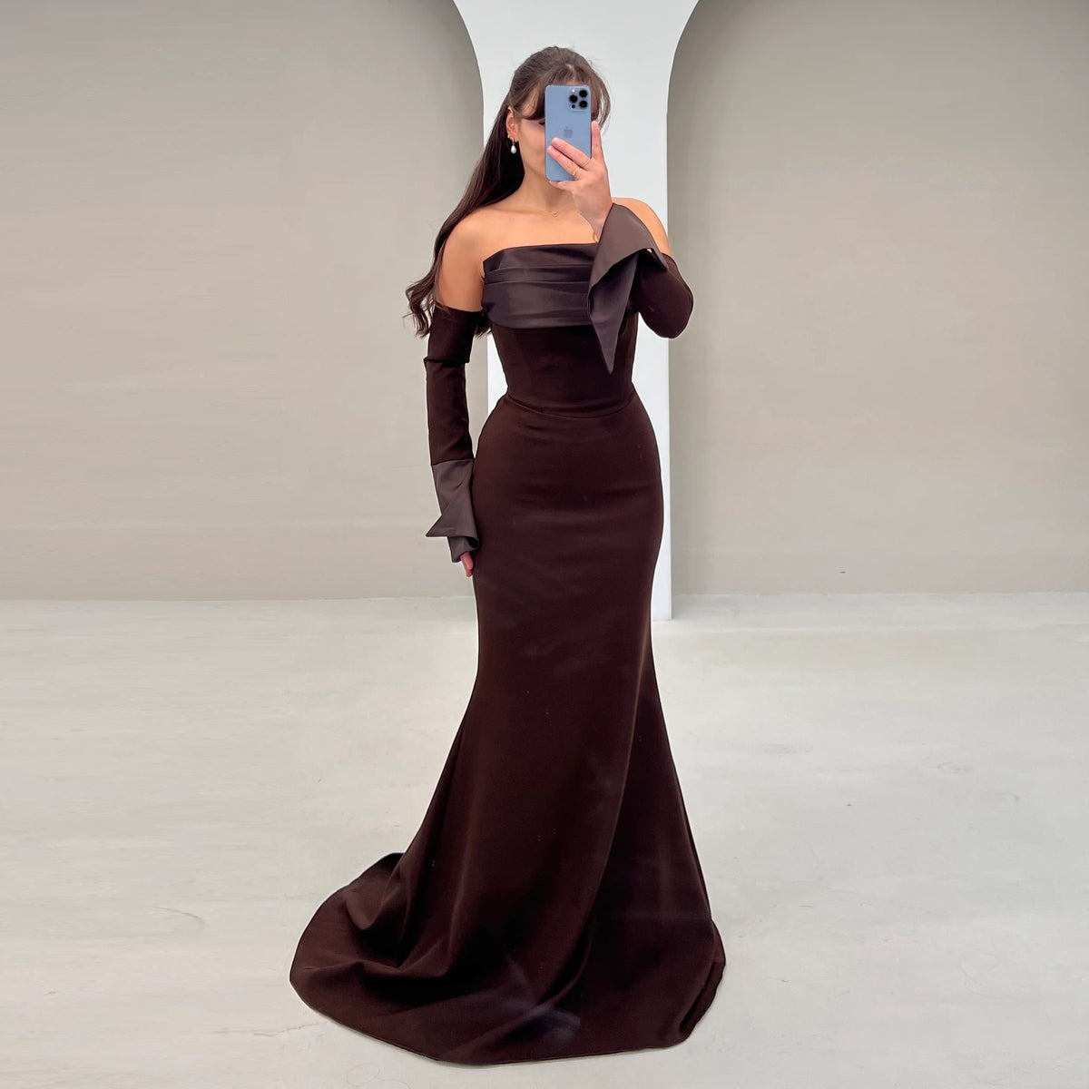 Elegant Strapless Brown Mermaid Satin Evening Dress SF159