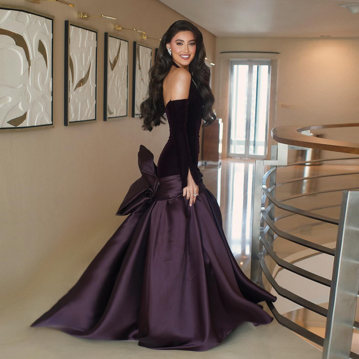 Luxury Grape Off-Shoulder Bow Ball Gown Evening Dress with Arm Sleeve SF168