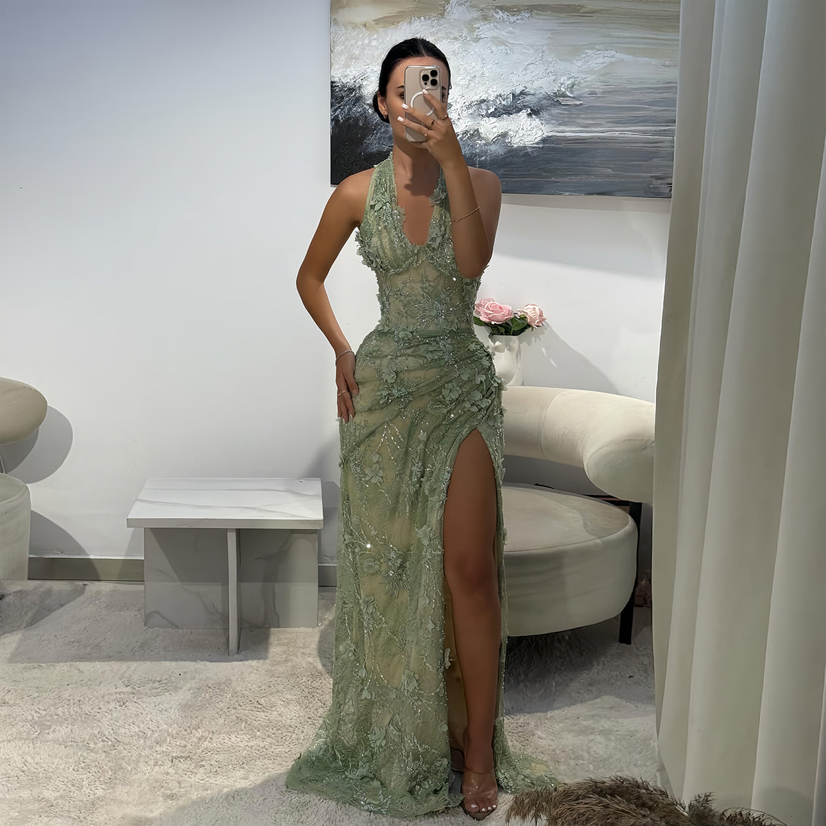 Luxury Green Halter Neck 3D Floral Lace Evening Dress with High Slit SF521