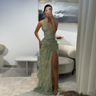 Luxury Green Halter Neck 3D Floral Lace Evening Dress with High Slit SF521