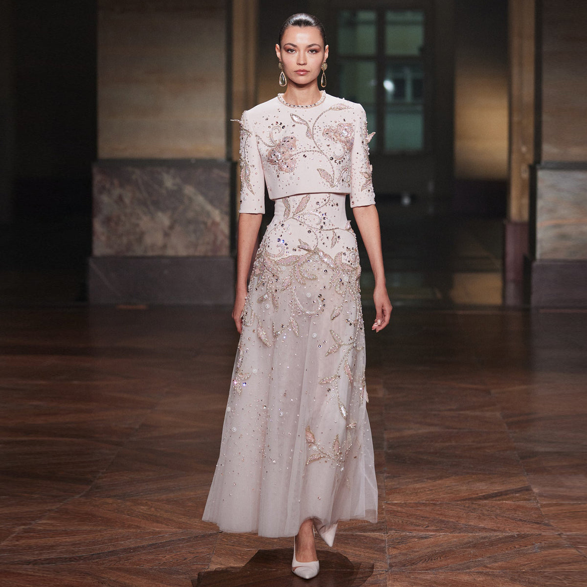Elegant Blush Pink Crystal Short Sleeve 2-Piece Evening Dress SS518