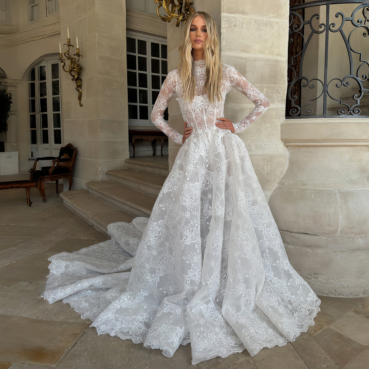 White High Neck Long Sleeve Lace A-Line Wedding Dress SW227