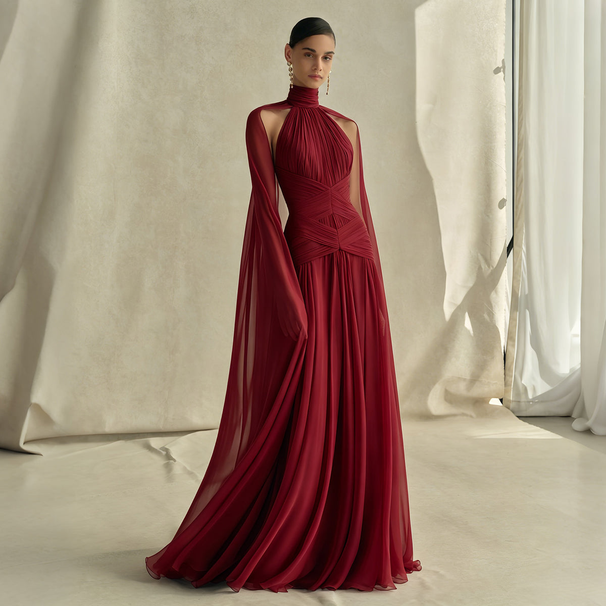 Luxury Wine Red Pleated Chiffon Evening Dress with Cape SF027