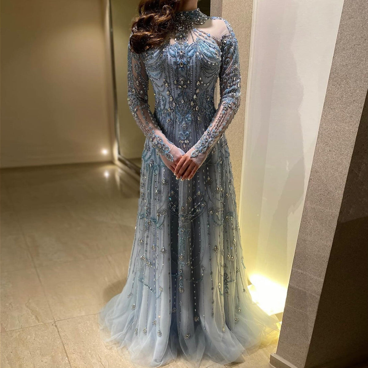 Luxury Blue Long Sleeves High Neck Evening Dress SS587
