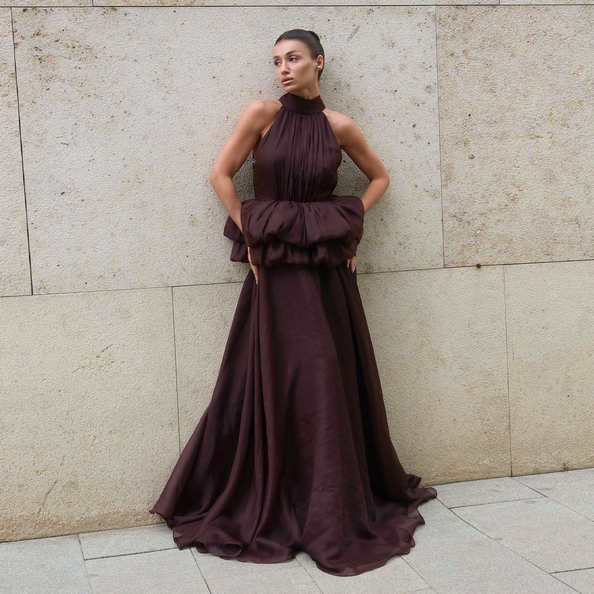 Luxury Maroon Halter Neck Bloom Skirt Evening Dress SF433