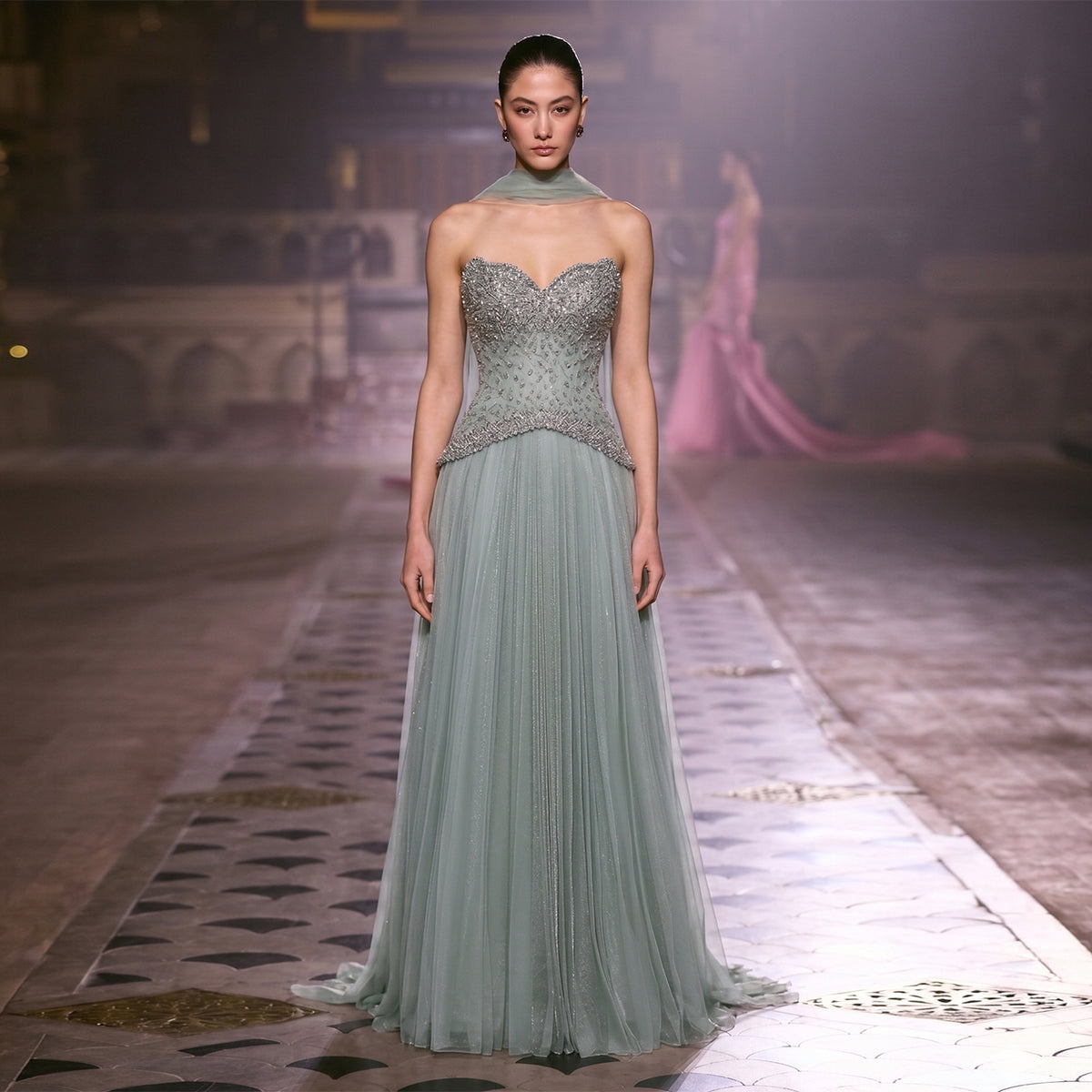 Elegant Sage Green Strapless Beaded A-Line Evening Dress with Scarf SS299