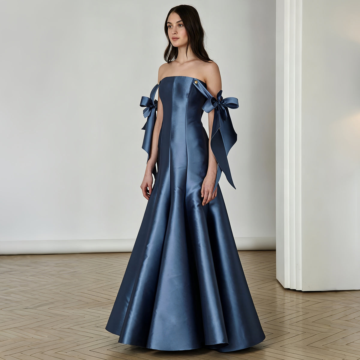 Elegant Slate Blue Off-Shoulder Evening Dress with Bow-knot SF139