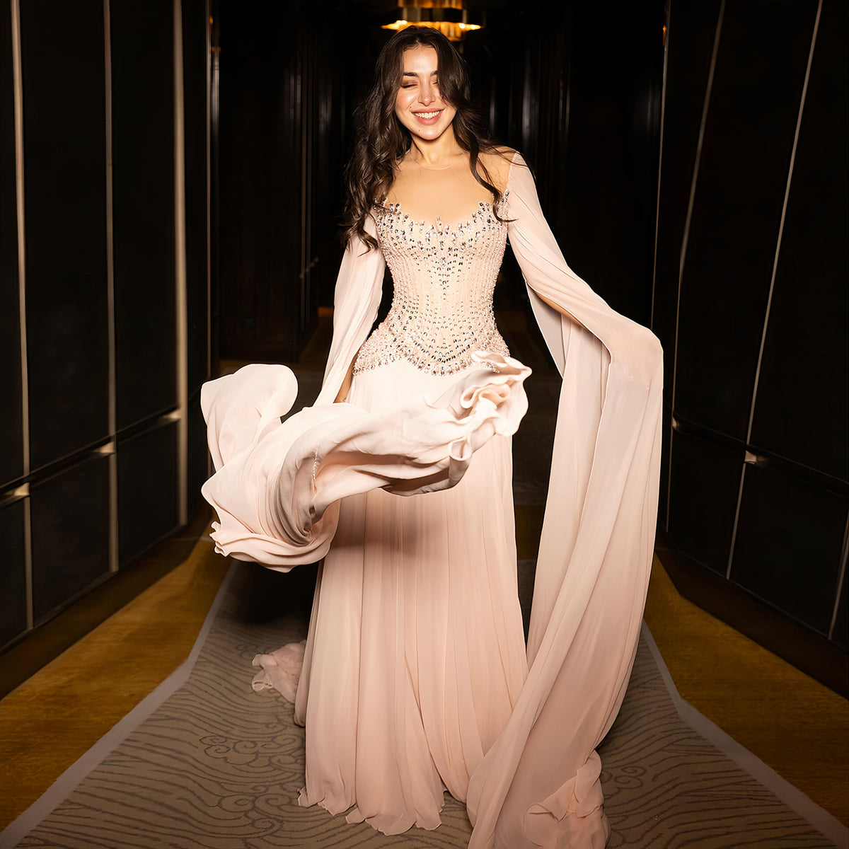 Elegant Pink Beaded Flowy Cape Sleeve Evening Dress SS367