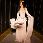 Elegant Pink Beaded Flowy Cape Sleeve Evening Dress SS367