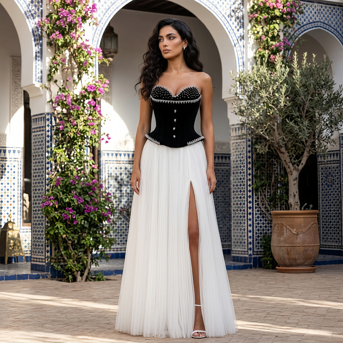 Glamorous Black White Strapless Beaded Corset High Slit Evening Dress SF508