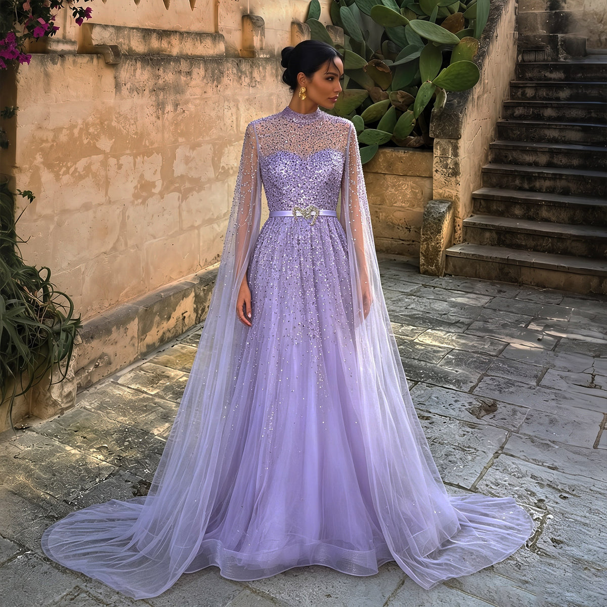 Luxury Lilac A-Line Evening Dress with Cape Sleeves SS451
