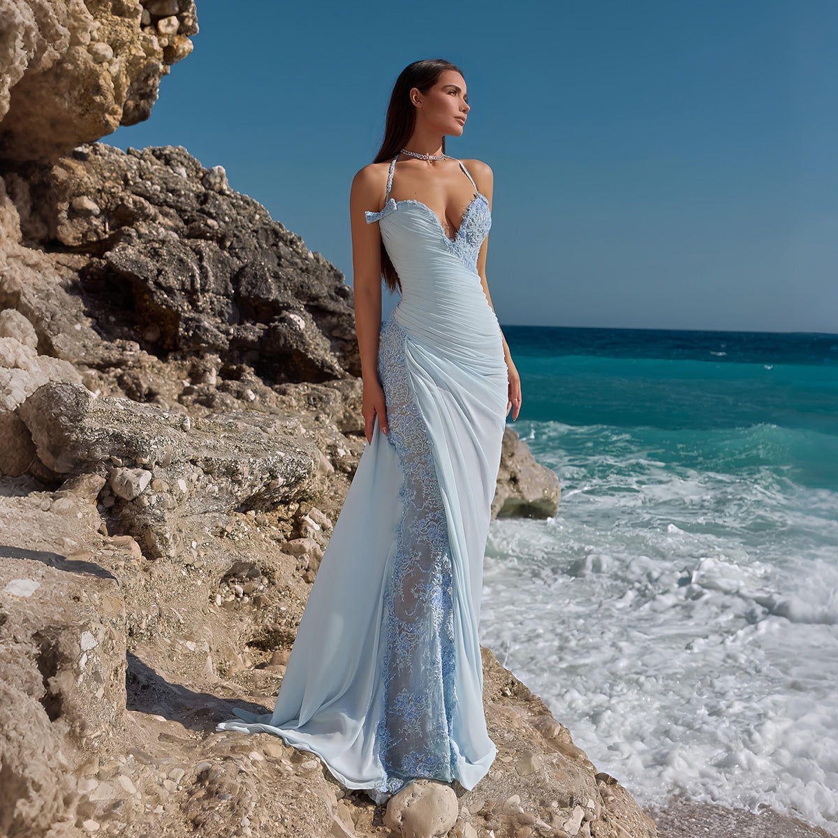 Dreamy Blue Lace Side Slit Mermaid Evening Dress with Overskirt SF079