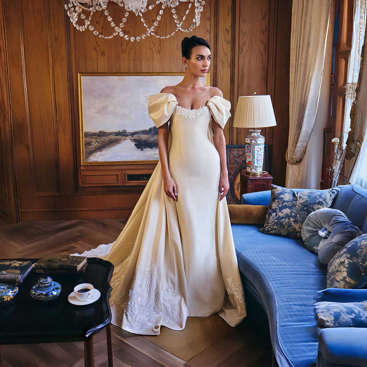 Luxury Off-the-Shoulder Satin Mermaid Wedding Dress with Overskirt SW230