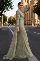 Sage Green High Neck Cape Sleeves Beaded Evening Dress