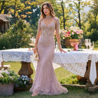 Luxury Champagne Beaded High Neck Tassel Sleeve Ruched Evening Dress SS184