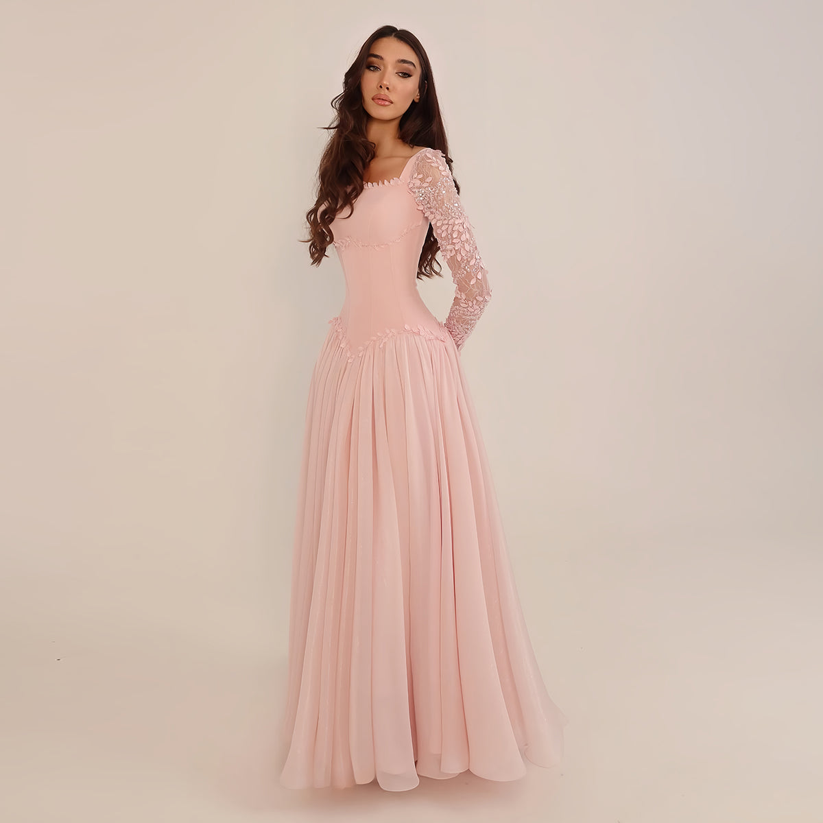 Romantic Pink Feather Lace Sleeve Chiffon Evening Dress SF239