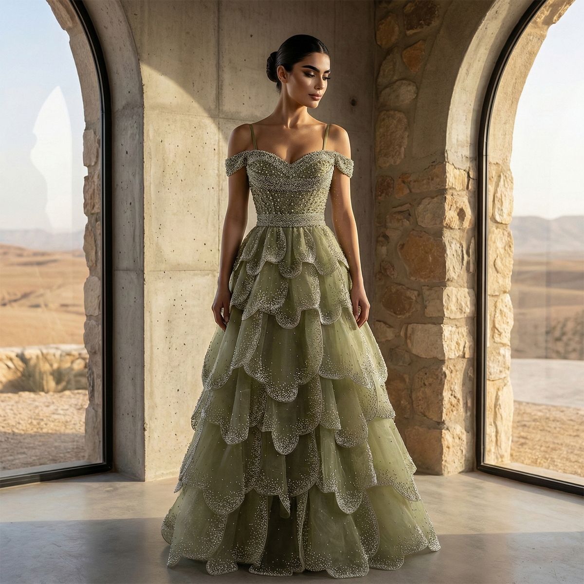 Elegant Green Layered Ruffle Beaded Evening Dress SS385