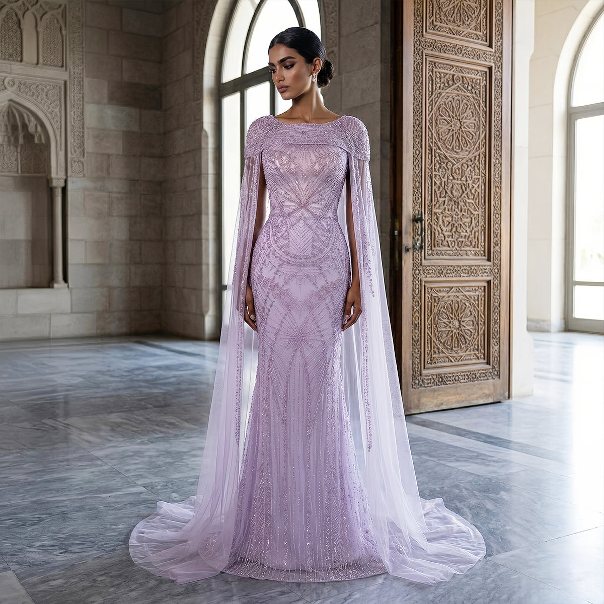 Elegant Lilac Beaded Tulle Evening Dress with Cape Sleeve SS019