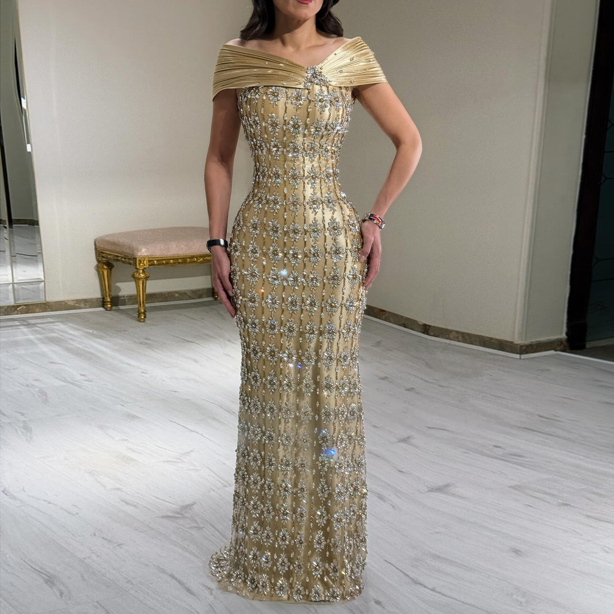 Dreamy Gold Floor-Length Mermaid Evening Dress with Geometric Beading SS217