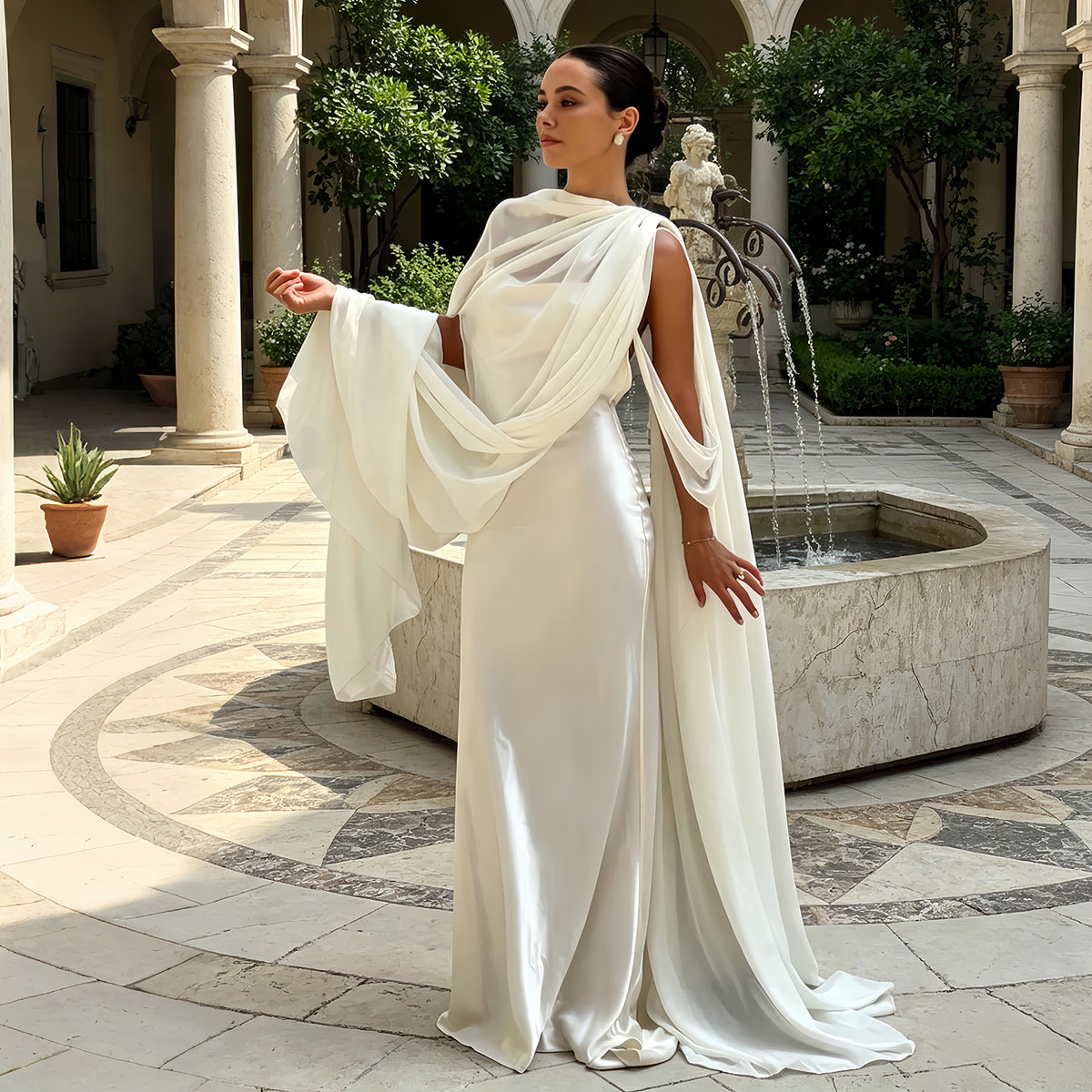 Elegant White Satin Evening Dress with Draped Chiffon Cape and Open Back SF183