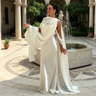 Elegant White Satin Evening Dress with Draped Chiffon Cape and Open Back SF183
