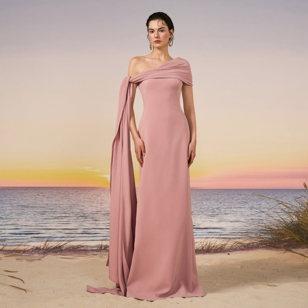 Chic Pink One-Shoulder Draped Chiffon Fitted Evening Dress SF117
