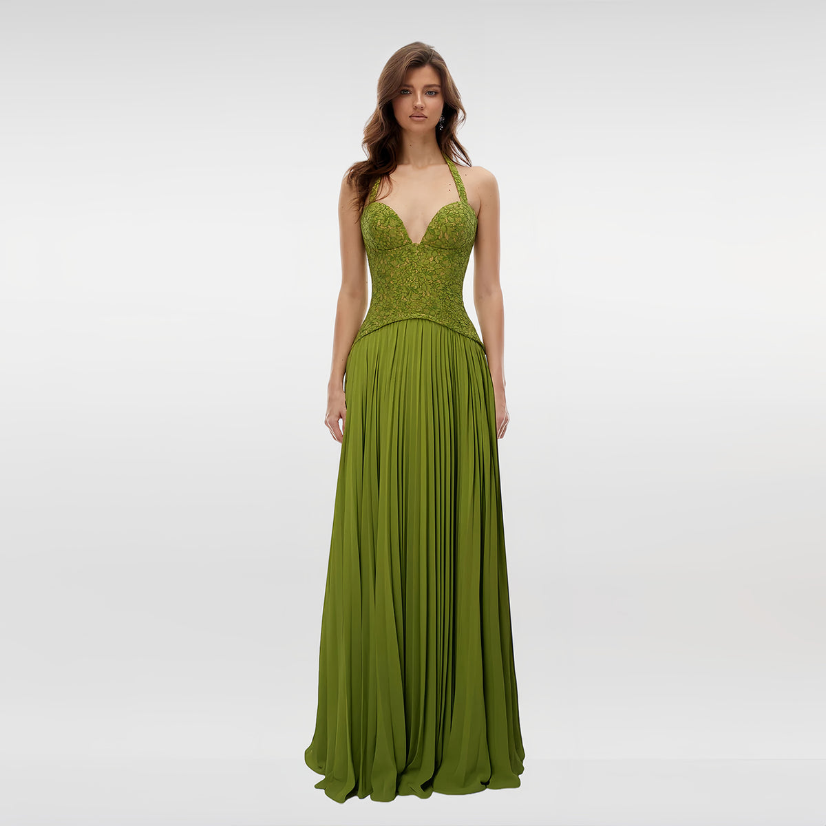 Elegant Green Halter Neck Lace & Chiffon Evening Dress SF419