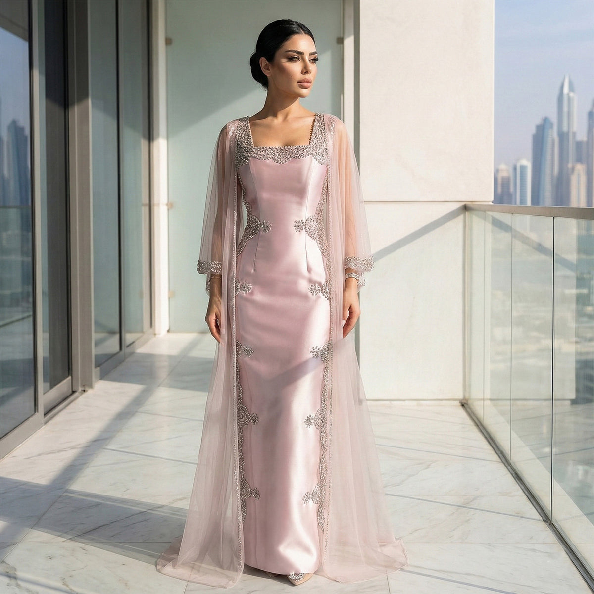 Pink Crystal Beaded Red Carpet Satin Evening Dress with Cape SS326