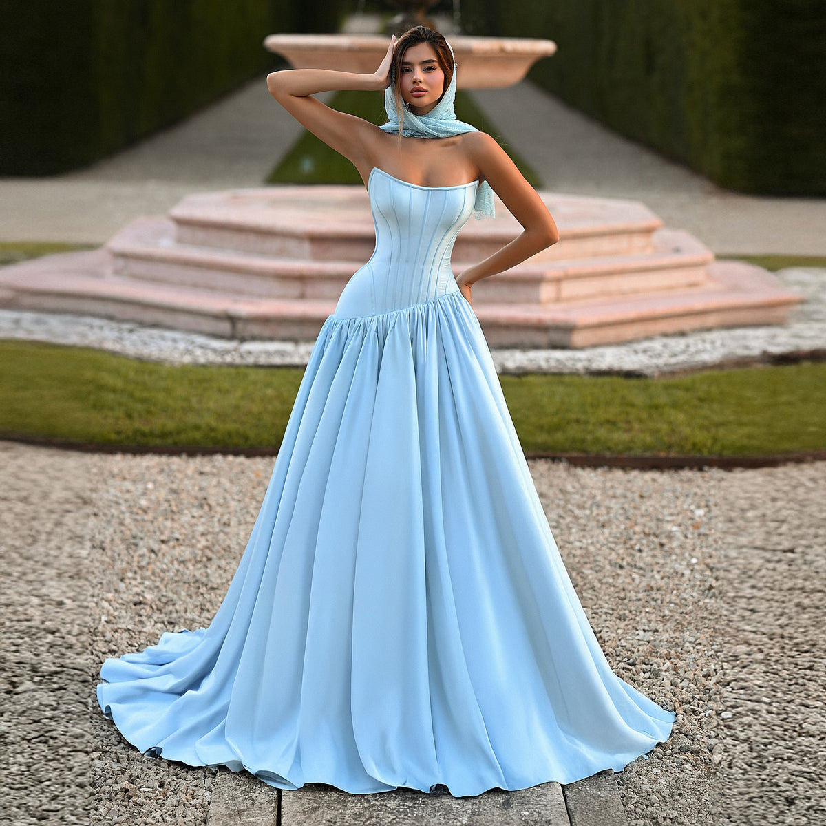 Luxury Blue Strapless Ruched Evening Dress with Scarf SF036