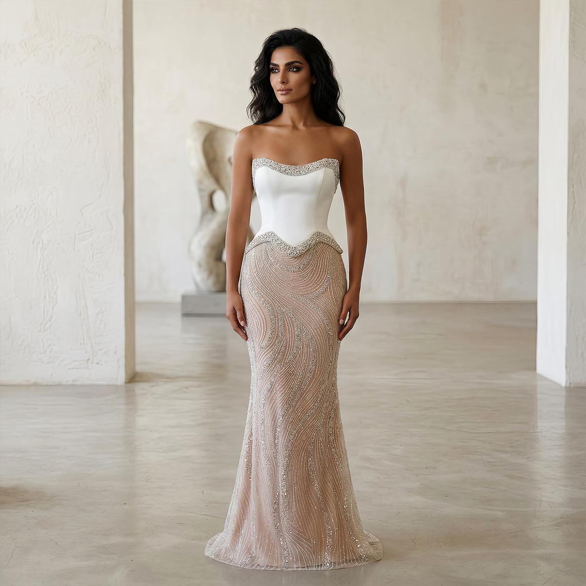 Chic White Crystal Beaded Wave Pattern Mermaid Evening Dress SS790