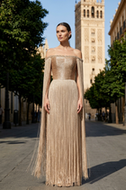 Elegant Gold Sparkling Beaded Fringe Trim Evening Dress SS232