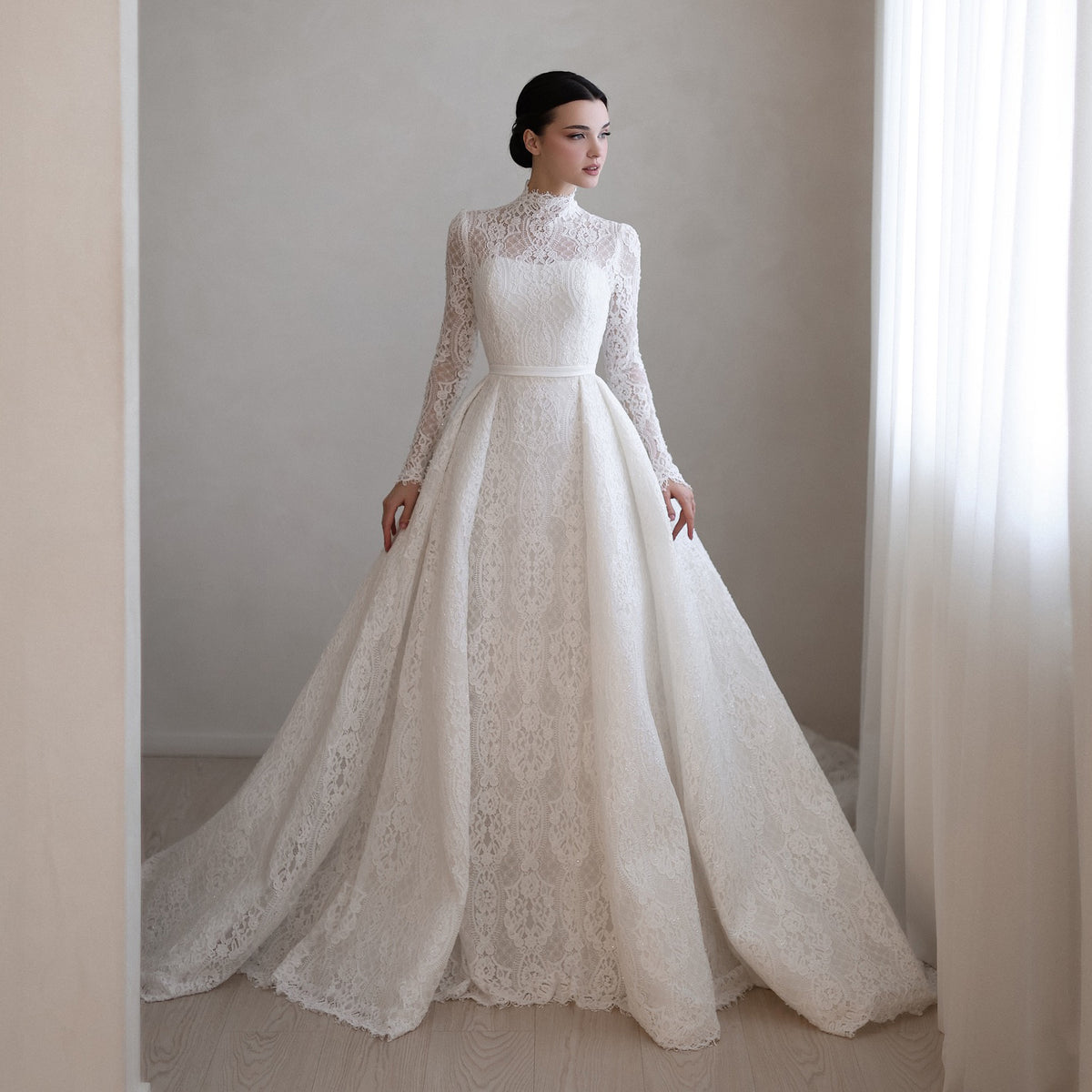 High Neck Lace Wedding Dress with Overskirt SW541
