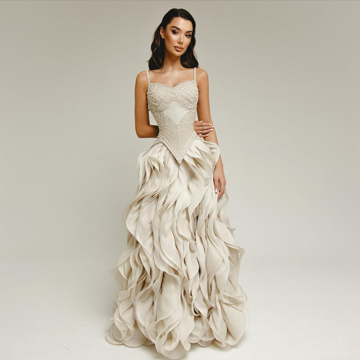 Luxury Beige Corset Bodice Ruffled Skirt Beaded Evening Dress SS257