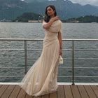 Dreamy Champagne Ruched Evening Dress with Sheer Skirt SF448