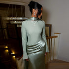 Vibrant High-Neck Sage Green Evening Dress with Scarf SF170