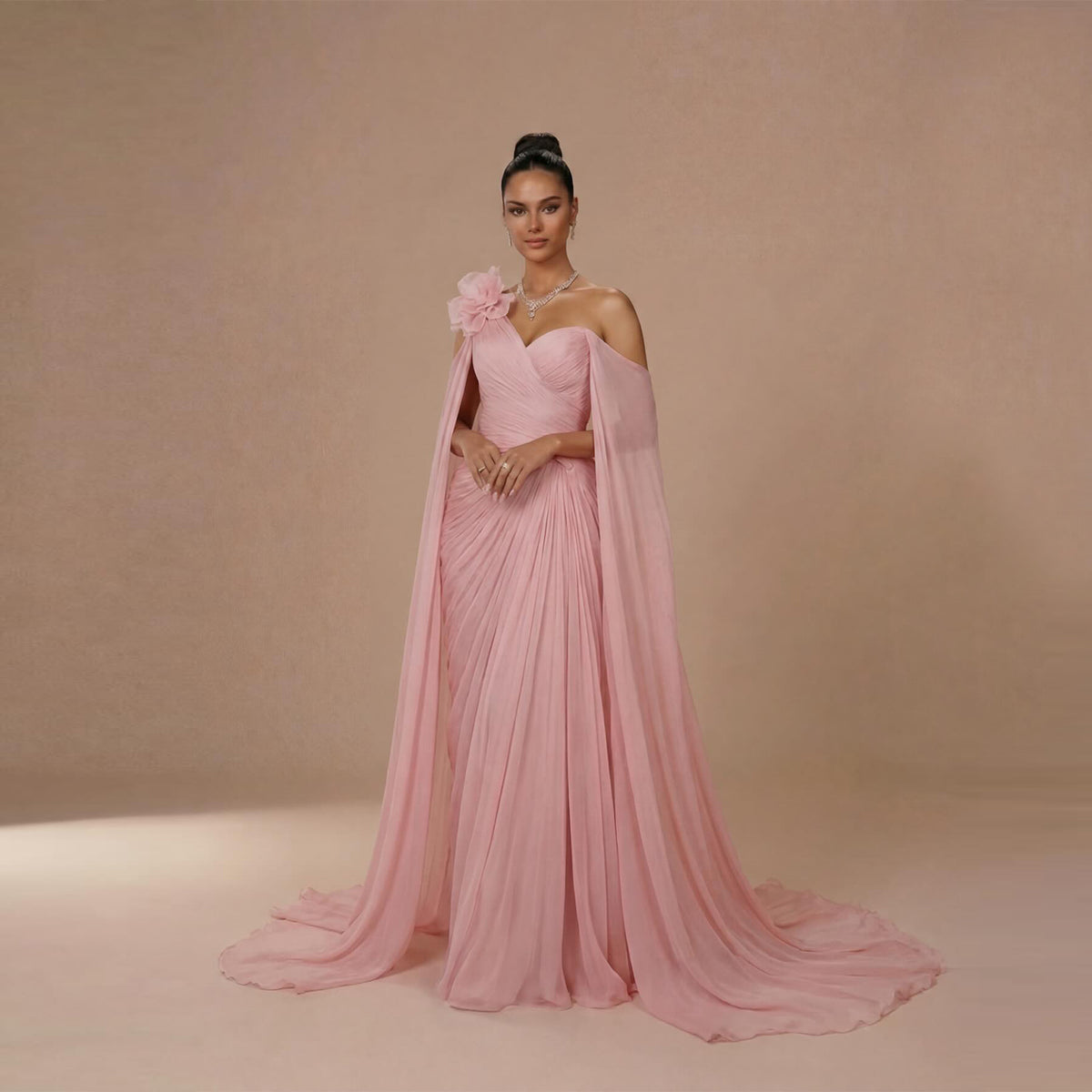 Elegant Pink One-Shoulder Chiffon Evening Dress with Cape Sleeves SF245