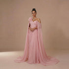 Elegant Pink One-Shoulder Chiffon Evening Dress with Cape Sleeves SF245