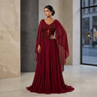Elegant Purple V-Neck Beaded Chiffon Evening Dress with Cape Sleeves SS053