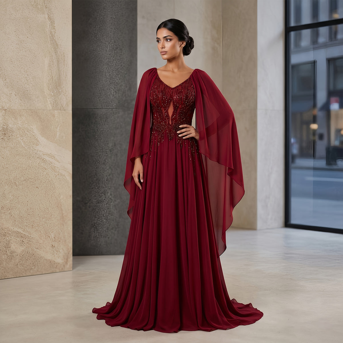 Elegant Purple V-Neck Beaded Chiffon Evening Dress with Cape Sleeves SS053