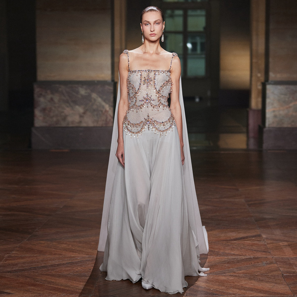 Elegant Silver Gold Crystal Evening Dress with Cap SS517
