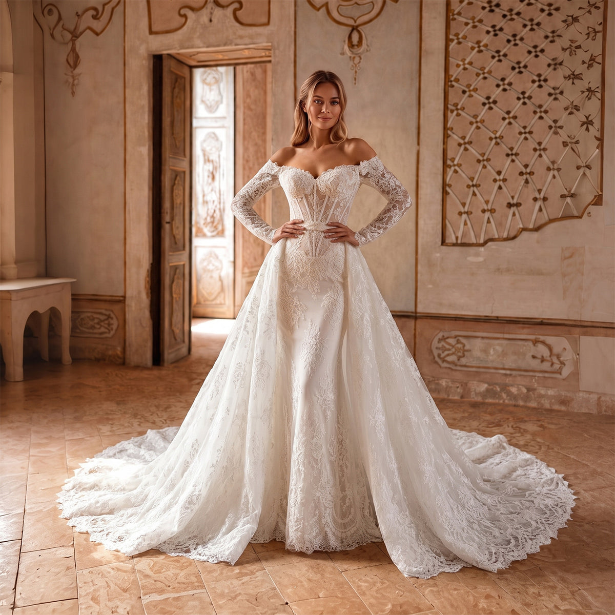 Luxury Lace Long Sleeve Mermaid Wedding Dress with Overskirt SW678